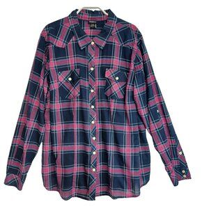 Torrid Plaid Button Up Western Shirt Navy‎ Pink Roll Tab Sleeves Plus Size 1X